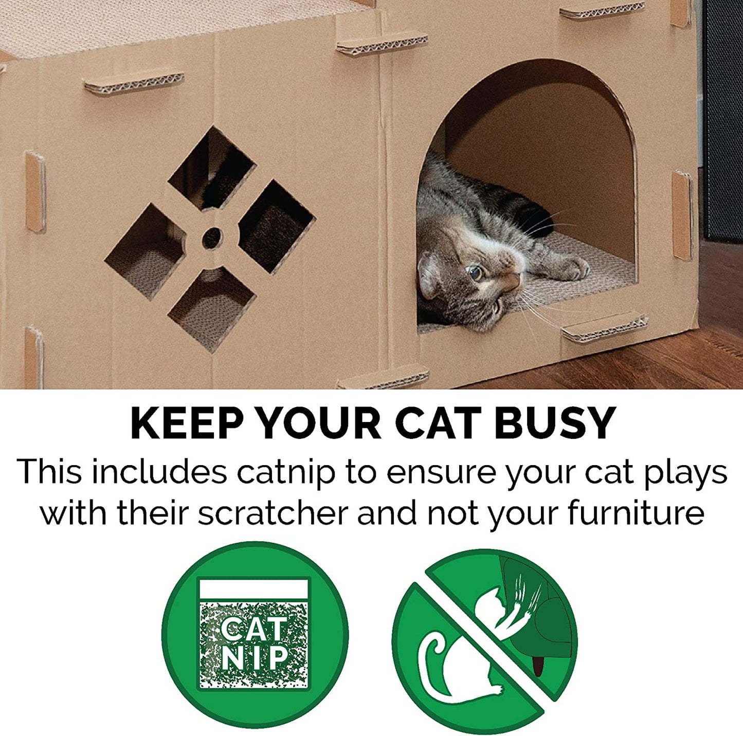 Multi-Level Cardboard Cat House W/ Catnip for Indoor Cats, Ft. Scratching Pads & Toys - Townhouse Corrugated Cat Scratcher Hideout - Cardboard Brown, One Size.