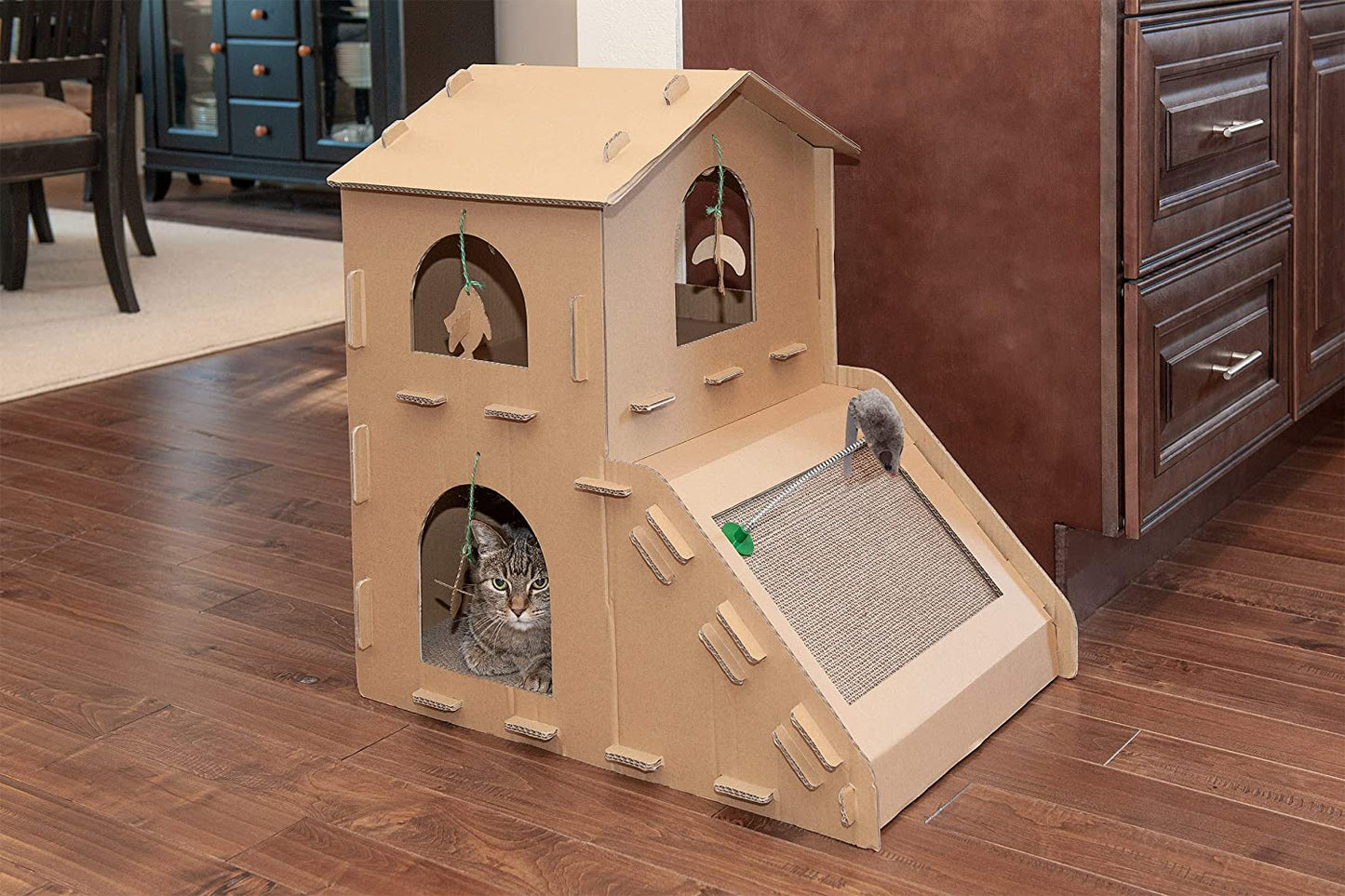 Multi-Level Cardboard Cat House W/ Catnip for Indoor Cats, Ft. Scratching Pads & Toys - Townhouse Corrugated Cat Scratcher Hideout - Cardboard Brown, One Size.