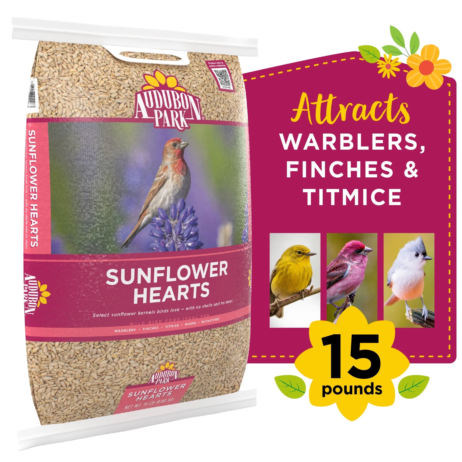 (2 Pack)  Sunflower Hearts Dry Wild Bird Food, 15 Lb Bag