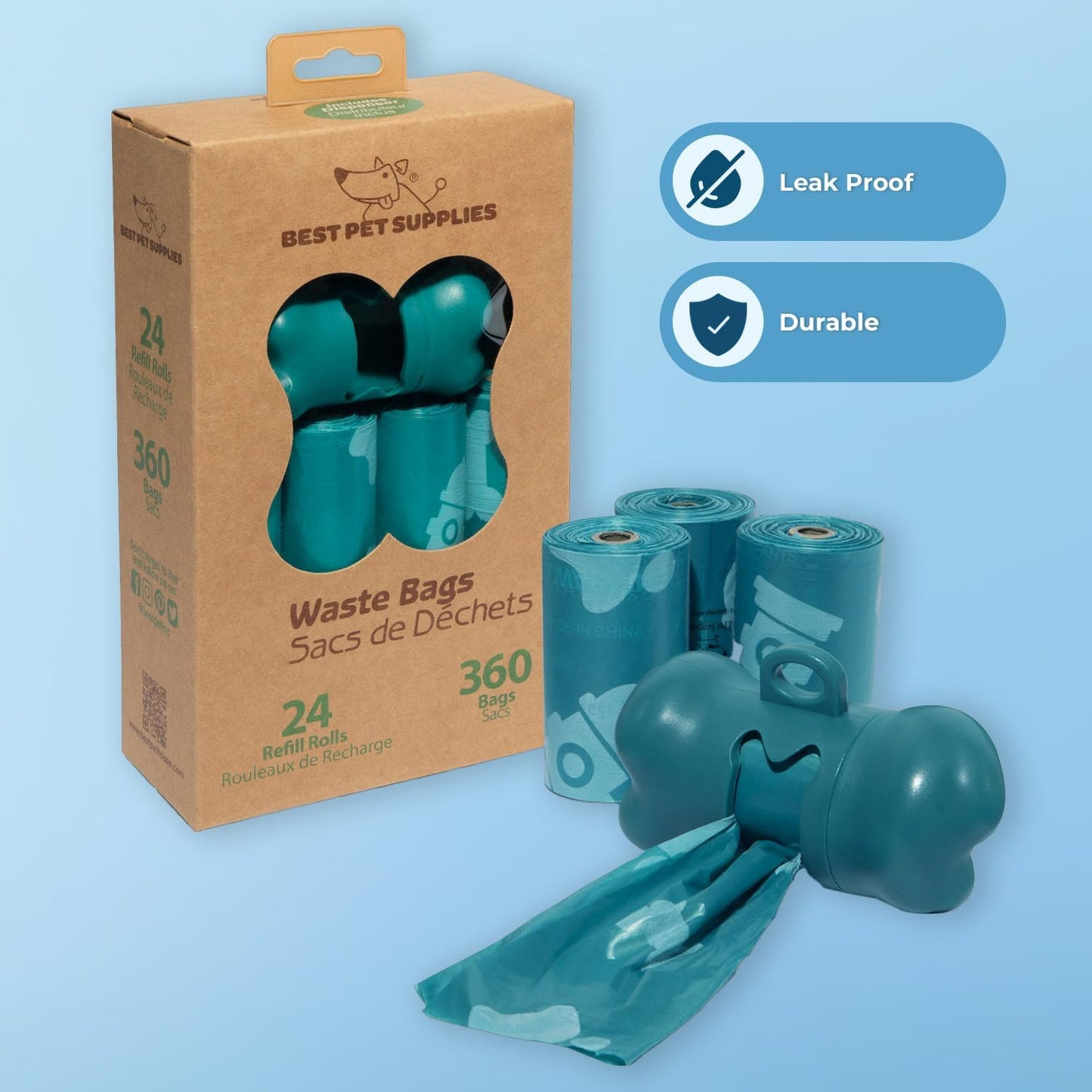 Dog Poop Bags (360 Bags) for Waste Refuse Cleanup, Doggy Roll Replacements for Outdoor Puppy Walking and Travel, Leak Proof and Tear Resistant, Thick Plastic - Turquoise.