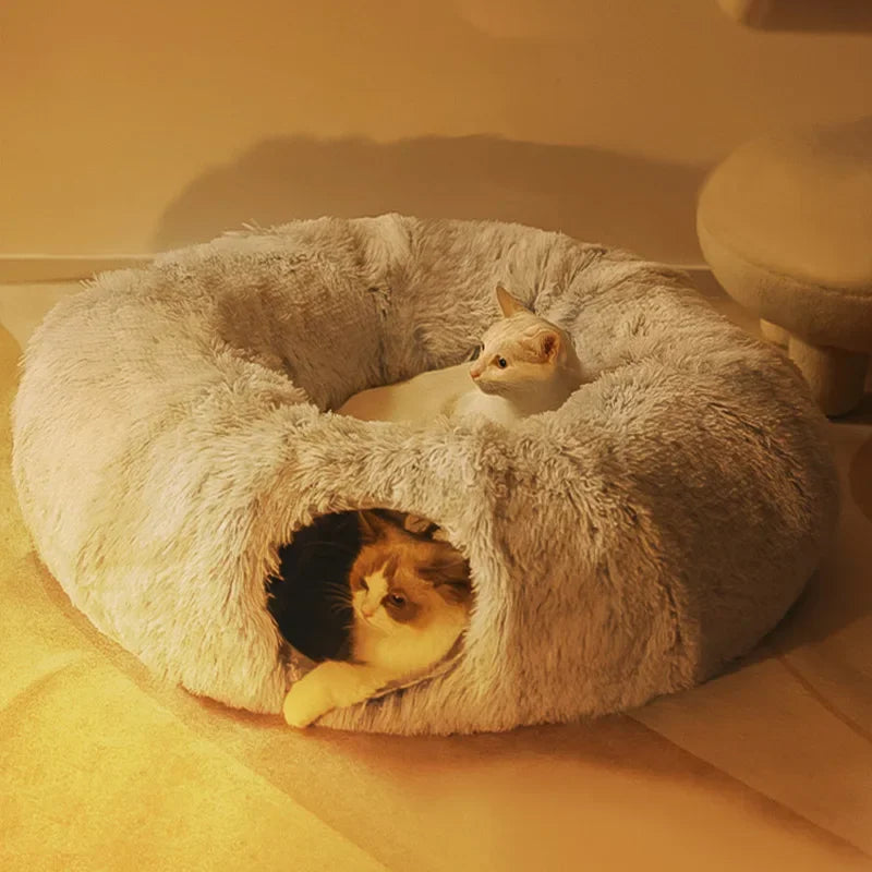 2 in 1 round Cat Beds House Funny Cat Tunnel Toy Soft Long Plush Dog Bed for Small Dogs Basket Kittens Bed Mat Kennel Deep Sleep.