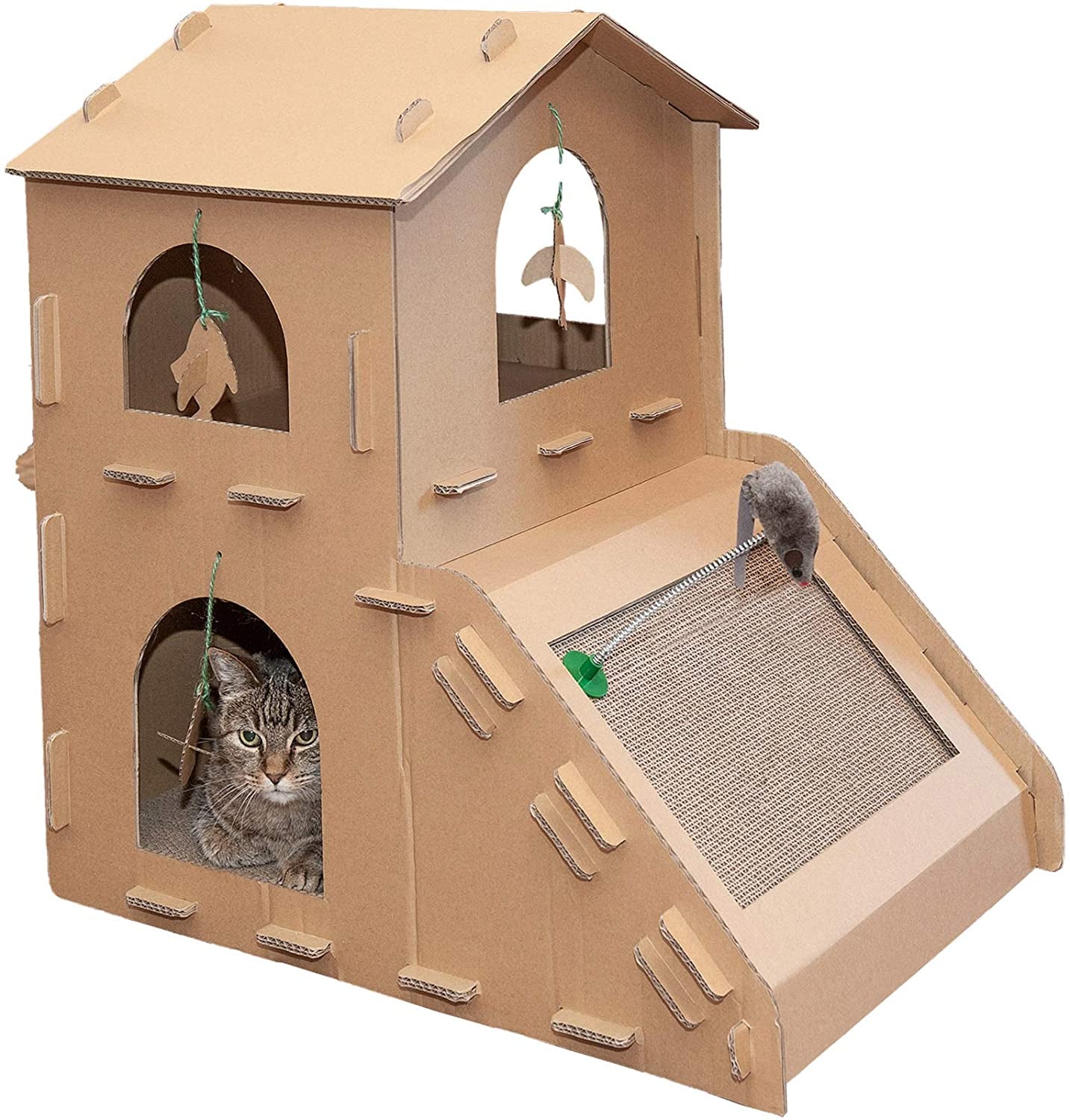 Multi-Level Cardboard Cat House W/ Catnip for Indoor Cats, Ft. Scratching Pads & Toys - Townhouse Corrugated Cat Scratcher Hideout - Cardboard Brown, One Size.