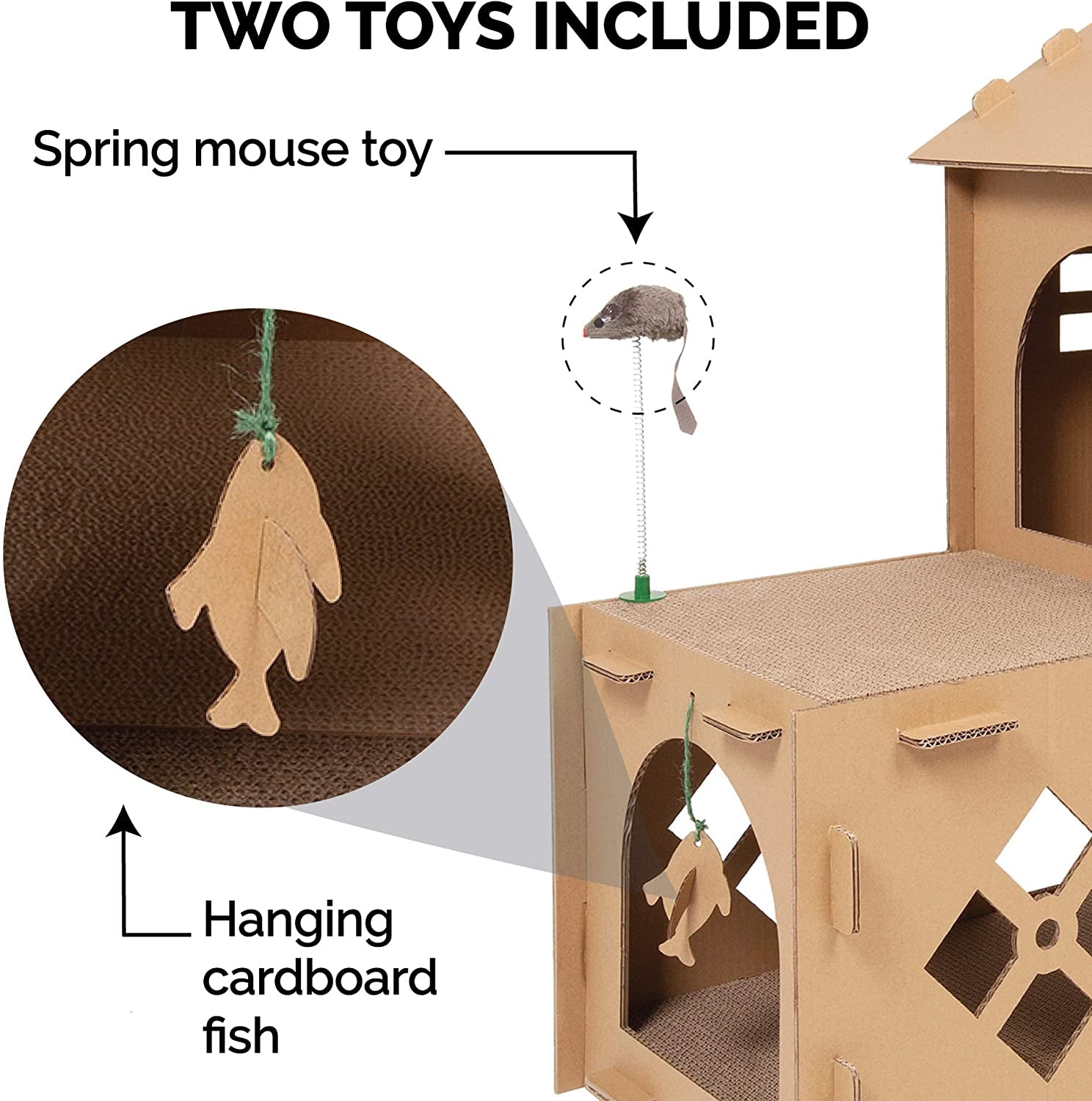 Multi-Level Cardboard Cat House W/ Catnip for Indoor Cats, Ft. Scratching Pads & Toys - Townhouse Corrugated Cat Scratcher Hideout - Cardboard Brown, One Size.