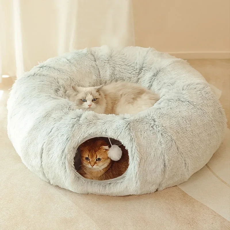 2 in 1 round Cat Beds House Funny Cat Tunnel Toy Soft Long Plush Dog Bed for Small Dogs Basket Kittens Bed Mat Kennel Deep Sleep.