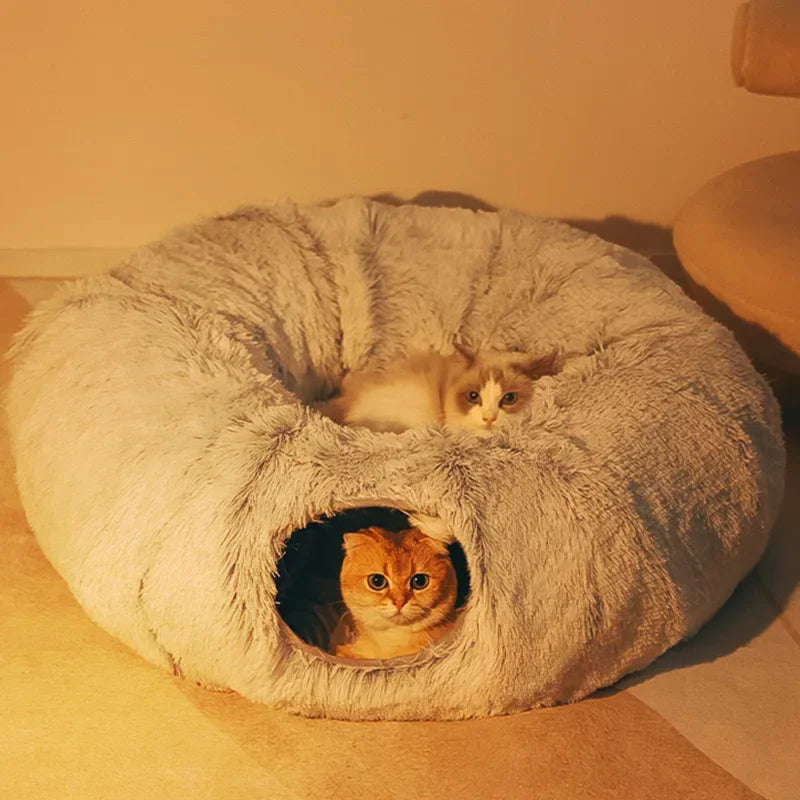 2 in 1 round Cat Beds House Funny Cat Tunnel Toy Soft Long Plush Dog Bed for Small Dogs Basket Kittens Bed Mat Kennel Deep Sleep.