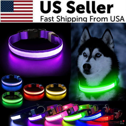 LED Adjustable Dog Collar Blinking Flashing Light up Glow Pets Safety Waterproof.