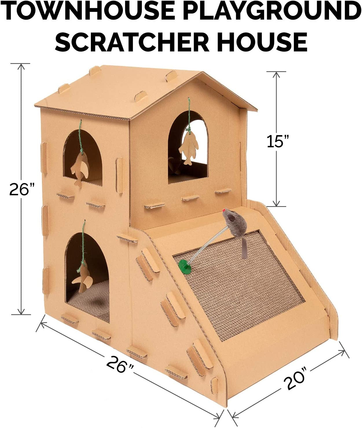 Multi-Level Cardboard Cat House W/ Catnip for Indoor Cats, Ft. Scratching Pads & Toys - Townhouse Corrugated Cat Scratcher Hideout - Cardboard Brown, One Size.