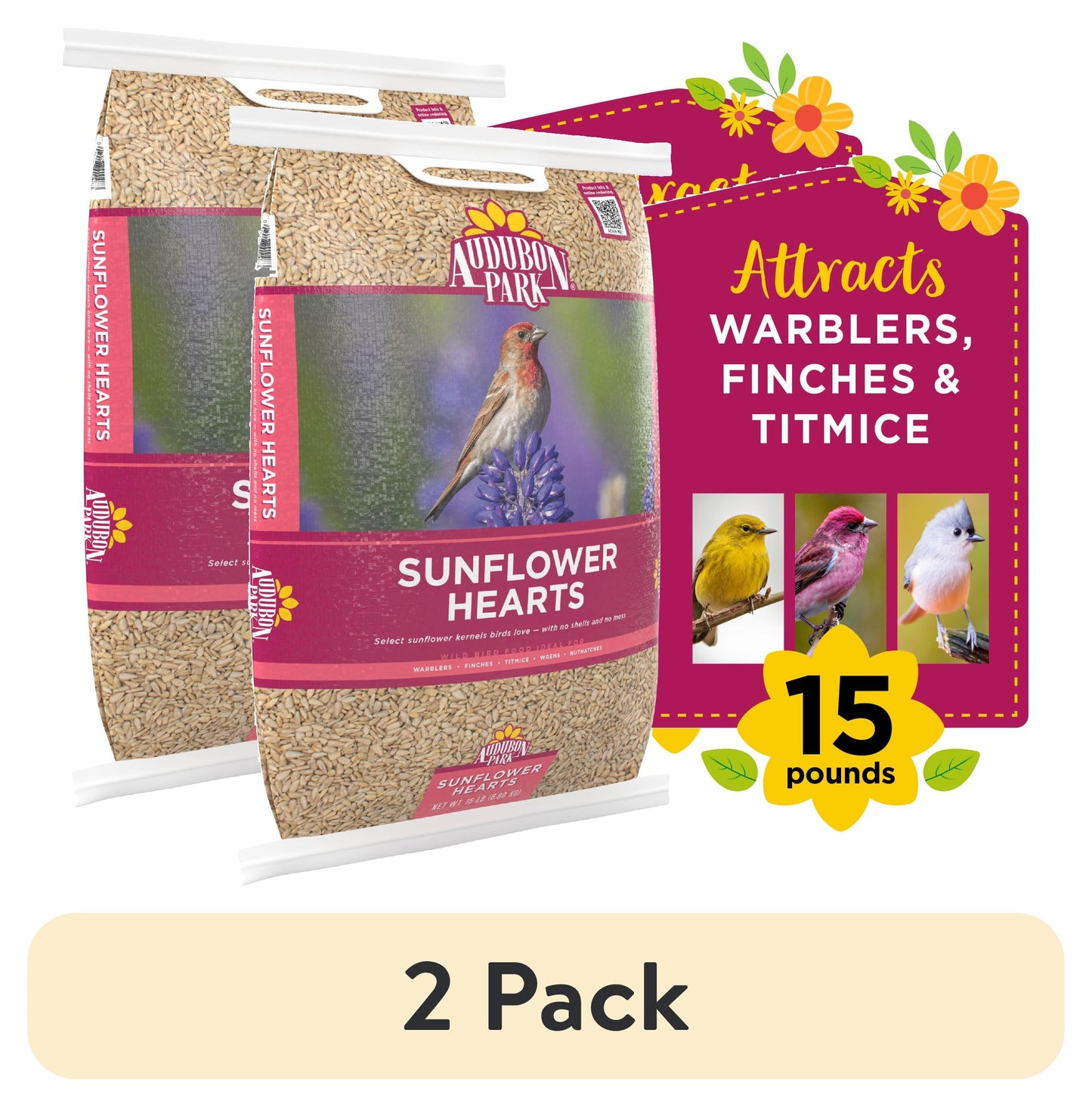 (2 Pack)  Sunflower Hearts Dry Wild Bird Food, 15 Lb Bag