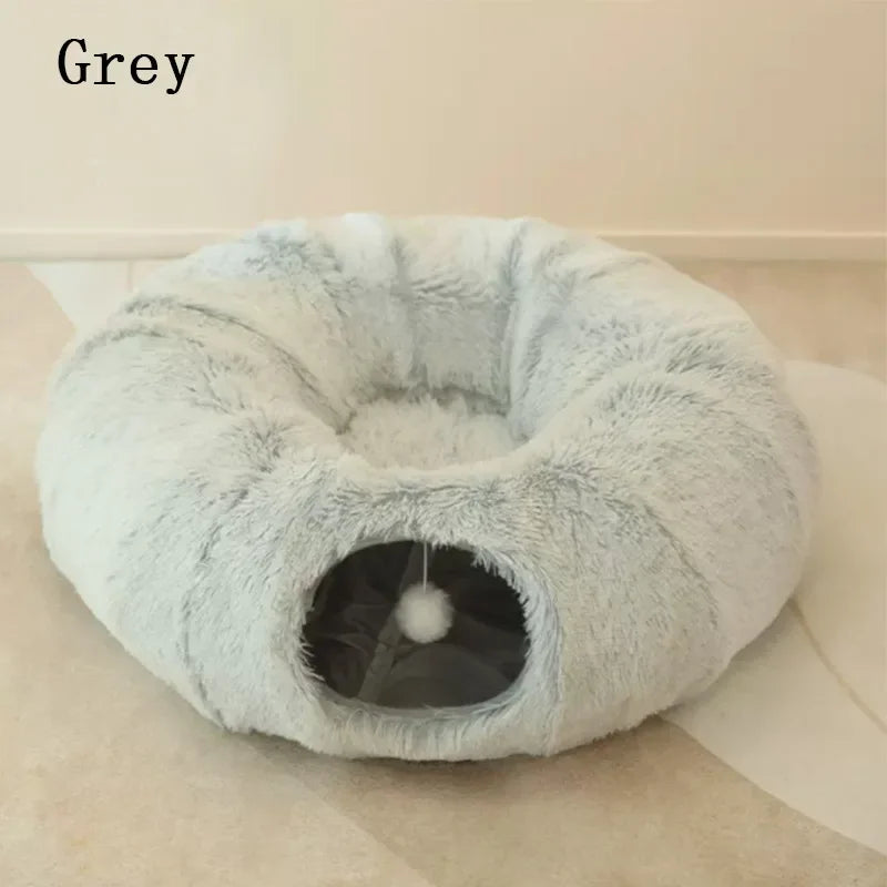 2 in 1 round Cat Beds House Funny Cat Tunnel Toy Soft Long Plush Dog Bed for Small Dogs Basket Kittens Bed Mat Kennel Deep Sleep.