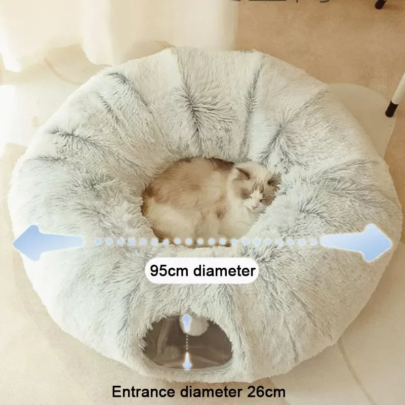 2 in 1 round Cat Beds House Funny Cat Tunnel Toy Soft Long Plush Dog Bed for Small Dogs Basket Kittens Bed Mat Kennel Deep Sleep.