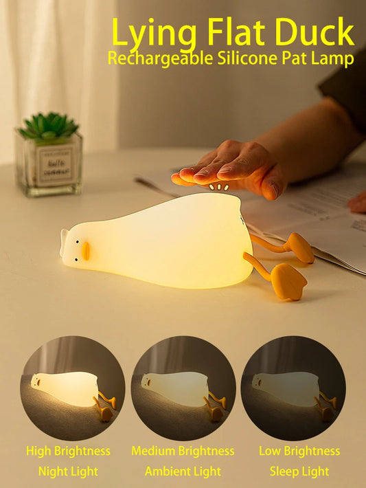 Duck Rechargeable LED Night Light Pat Silicone Lamp Bedside Cartoon Cute Children Nightlights for Home Room Decor Birthday Gift.