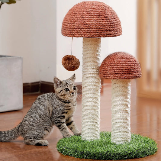 2 Mushrooms Cat Scratching Post 19" Sisal Claw Scratcher for Kittens and Small Cats, Brown.