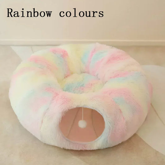 2 in 1 round Cat Beds House Funny Cat Tunnel Toy Soft Long Plush Dog Bed for Small Dogs Basket Kittens Bed Mat Kennel Deep Sleep.