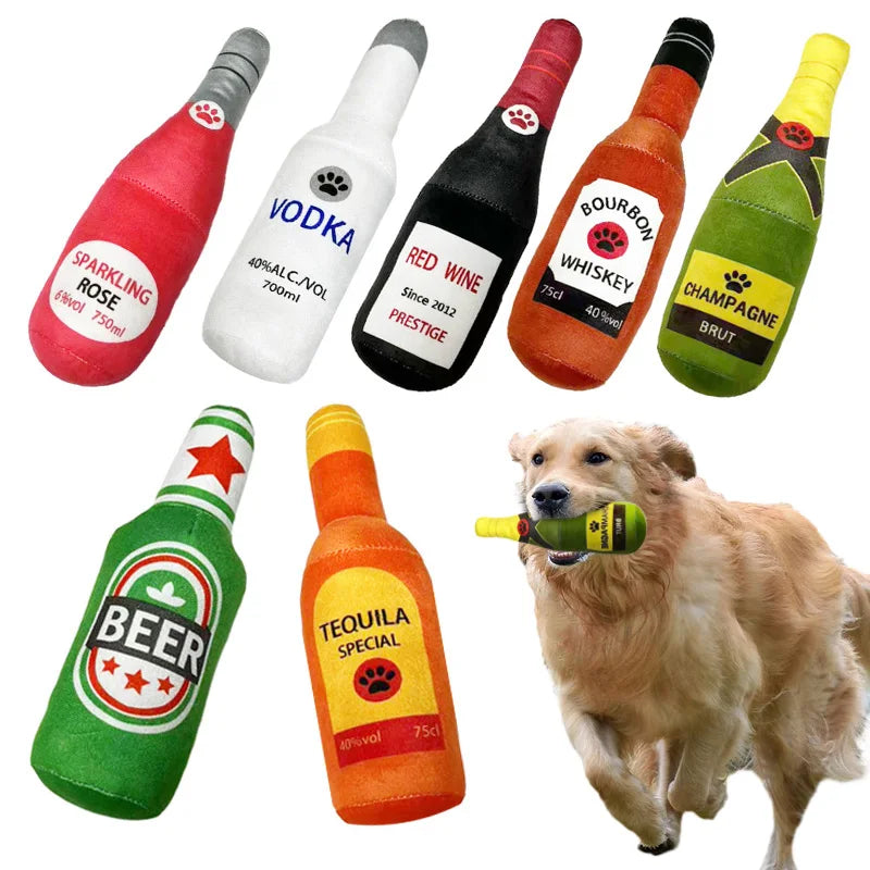 Interactive Plush Dog Toy - Beer Bottle Shape, Squeaking Chew Toy for Small and Large Dogs, Promotes Dental Health and Playtime