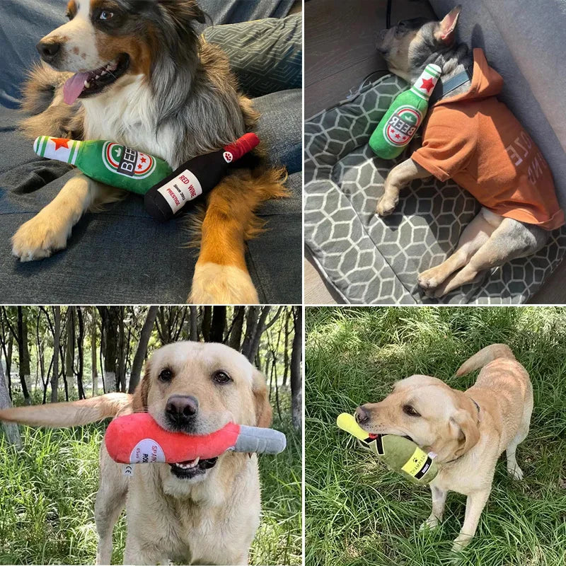 Interactive Plush Dog Toy - Beer Bottle Shape, Squeaking Chew Toy for Small and Large Dogs, Promotes Dental Health and Playtime